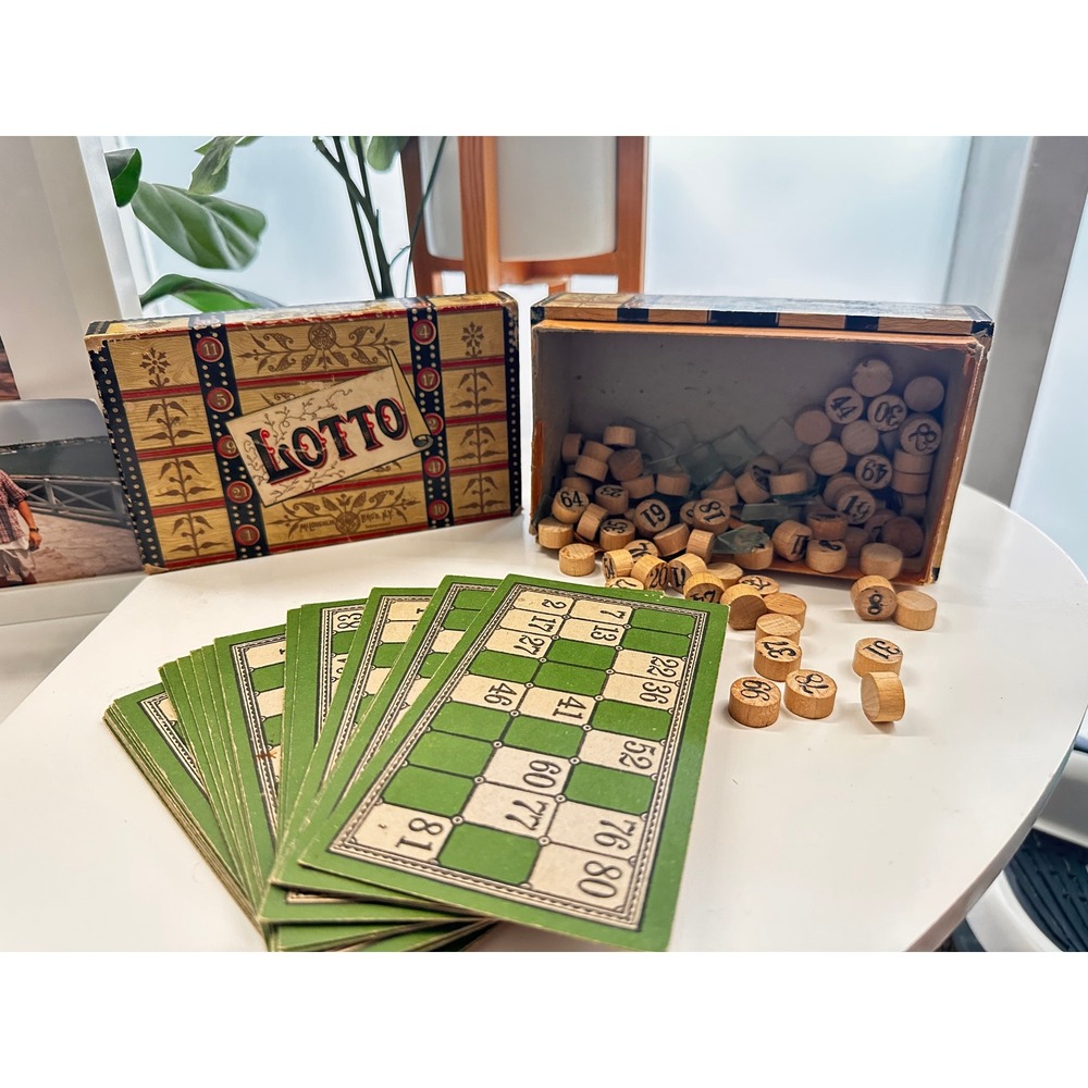 Vintage Loto Game Wooden Number Tokens Bingo Style‎ Board Game Complete